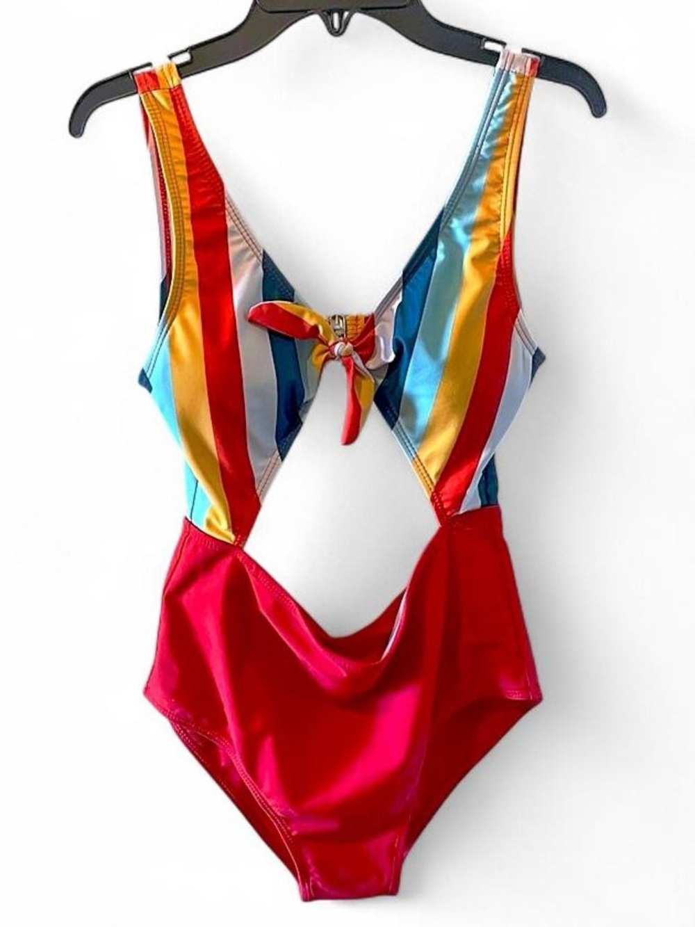 Colorblock Cutout One-Piece Swimsuit - Red with Multicolor Stripes